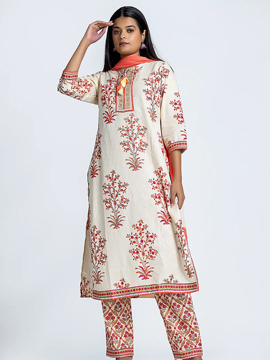 Off White Floral Embroidered Cotton Suit