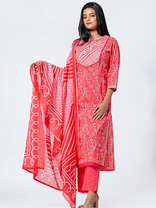 Pink Bandhani Embroidered Cotton Suit