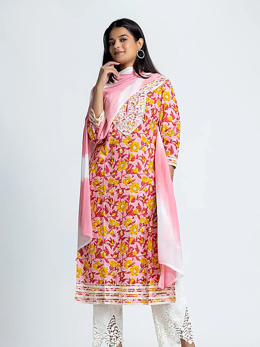 Pink Floral Embroidered Cotton Suit