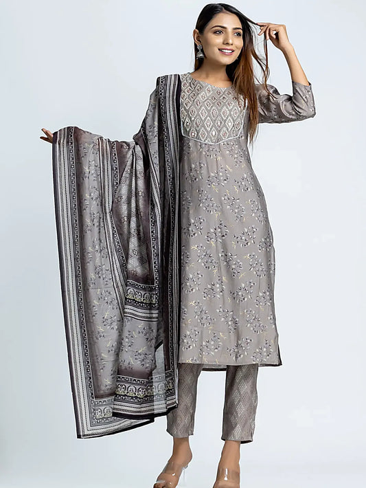 Grey Floral Embroidered Straight Muslin Suit