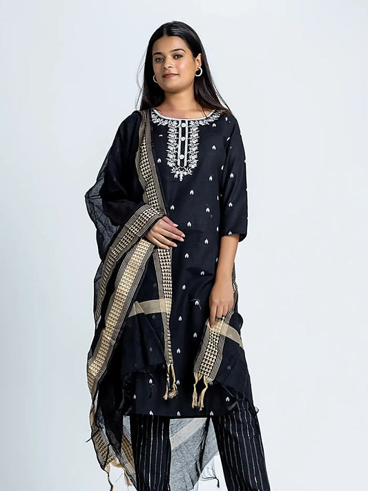 Black Embroidered Straight Cotton Suit