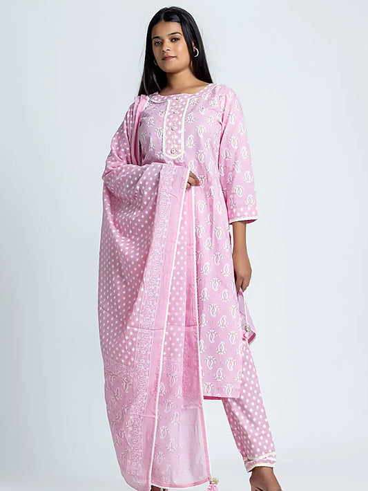Pink Block Print Lace Straight Cotton Suit