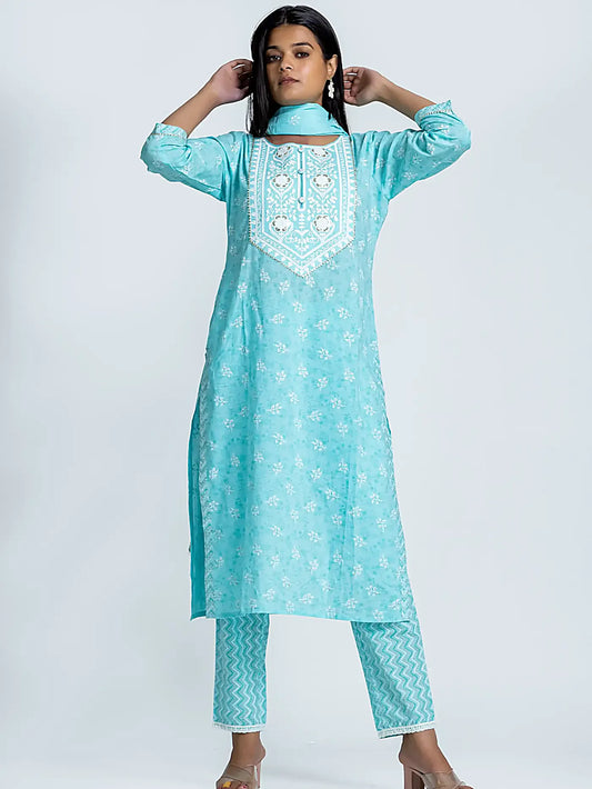 Blue Floral Embroidered Straight Cotton Suit