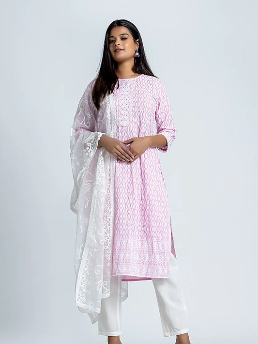 Pink Embroidered Straight Cotton Suit