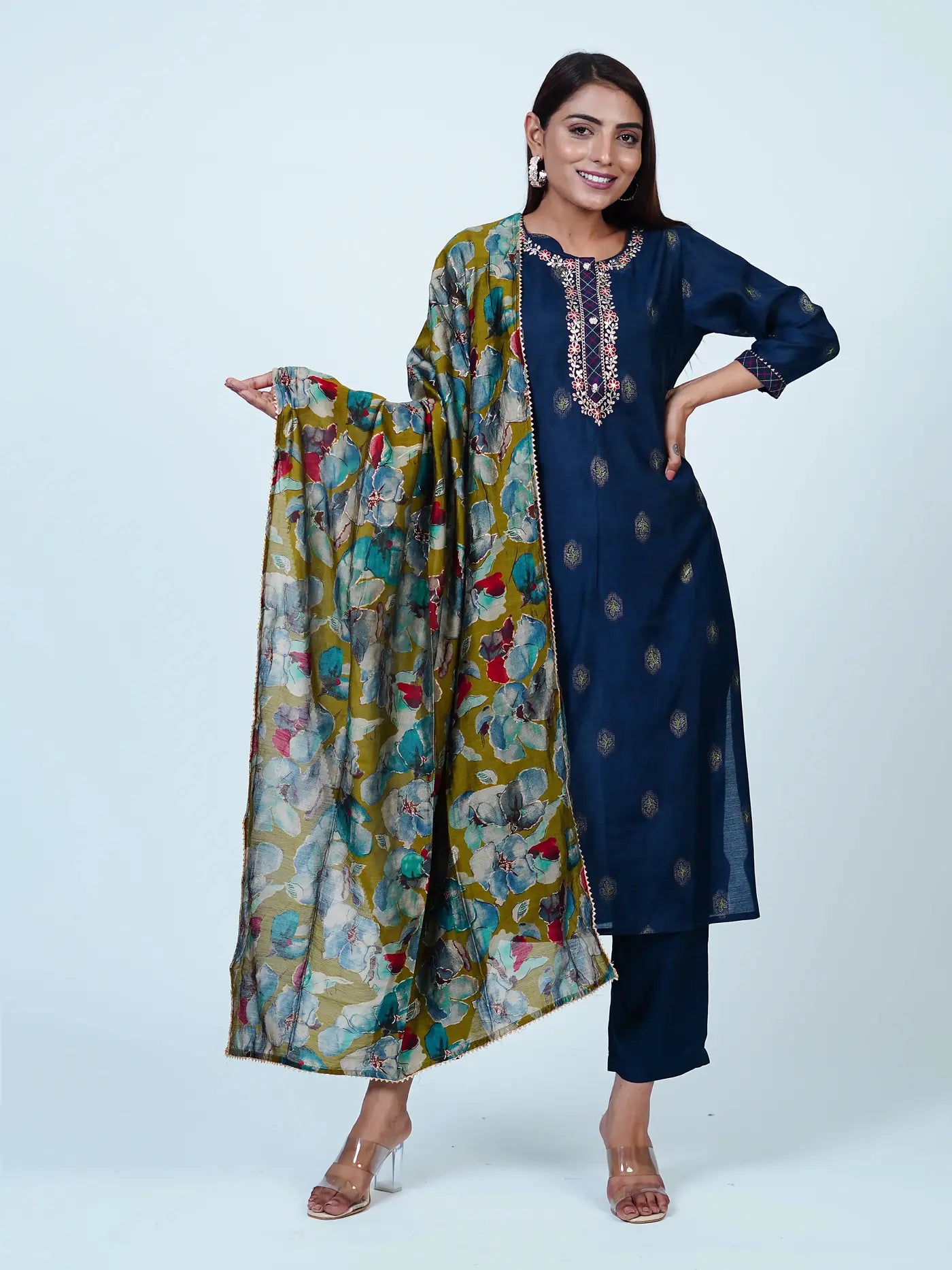 Blue Self design Pittan Muslin Suit