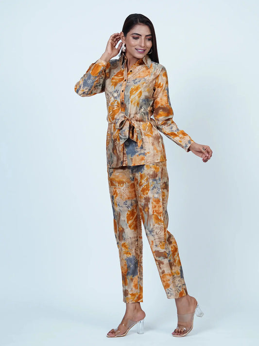 Brown Abstract Print Muslin Coord Set