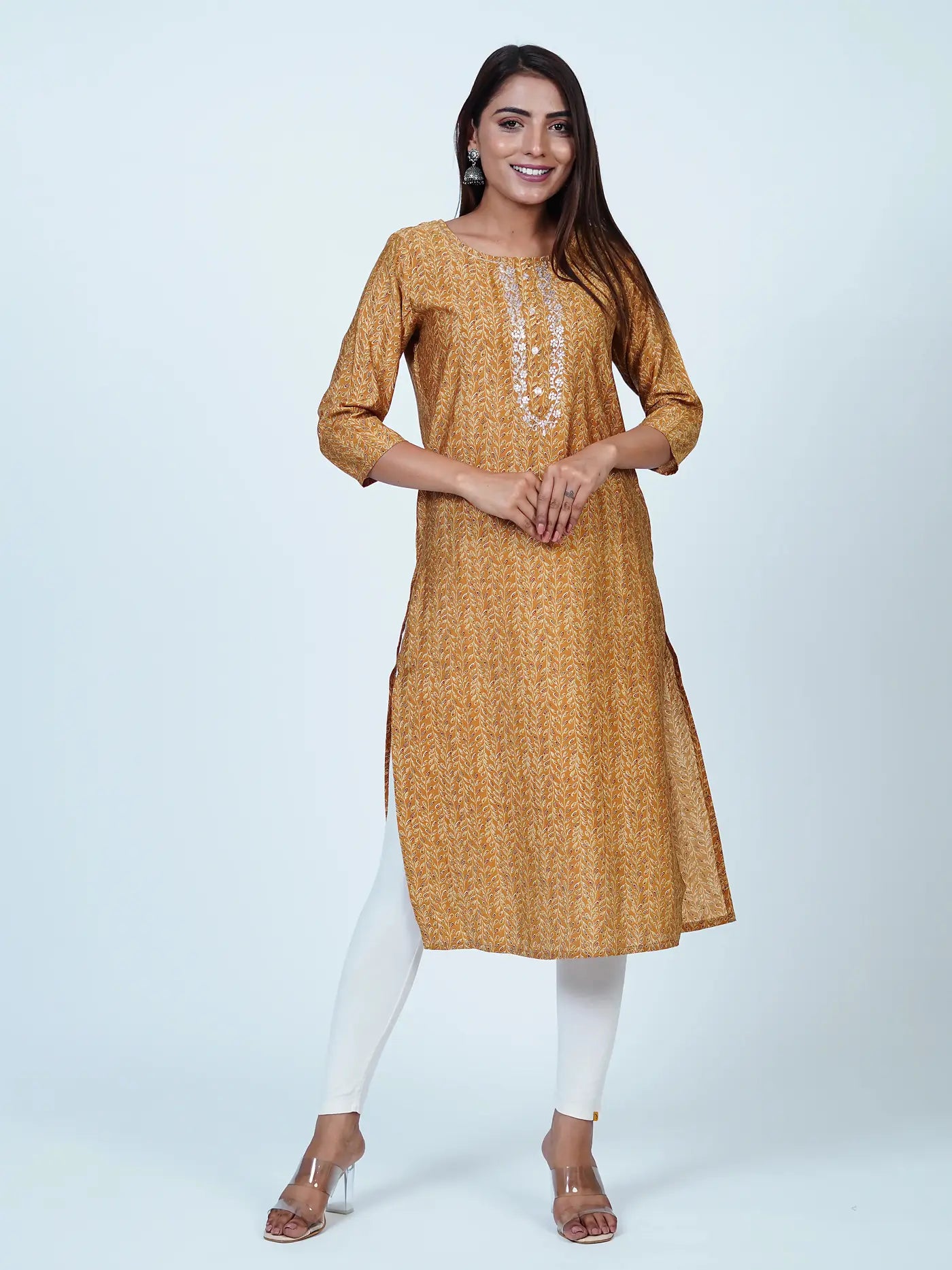 Mustard Embroidered Straight Muslin Kurti