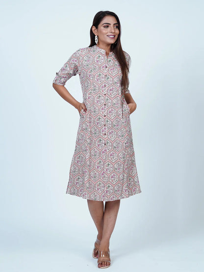 Pink Floral Print Cotton Midi Dress