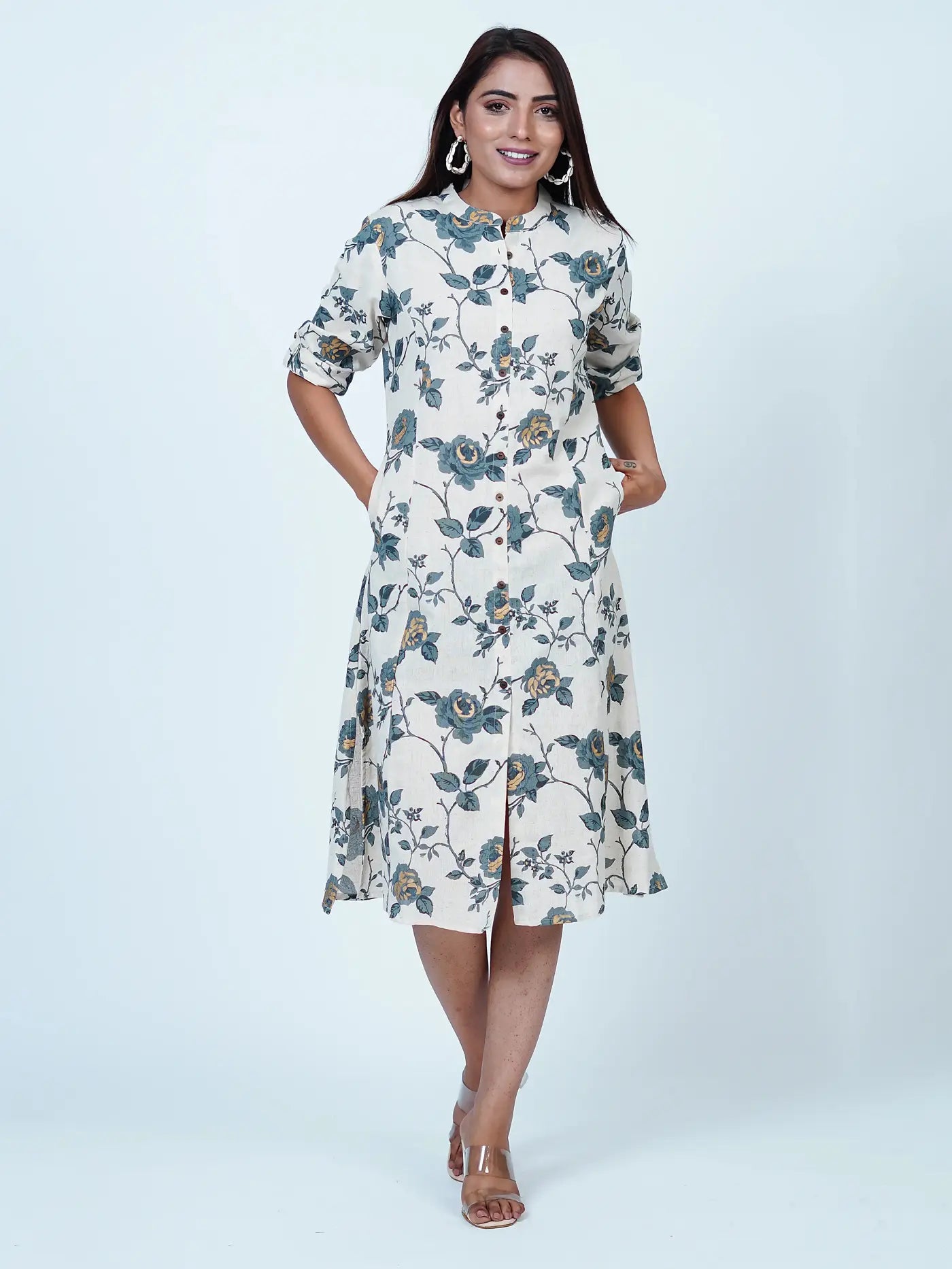 White Floral Cotton Midi Dress