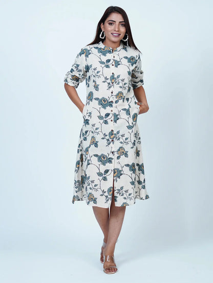 White Floral Cotton Midi Dress