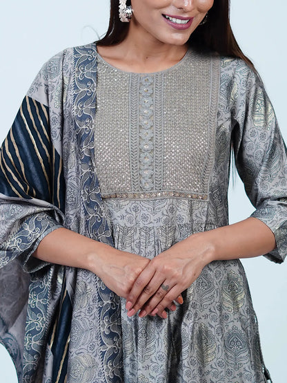 Grey Embroidered Nyra Floral Cotton Suit