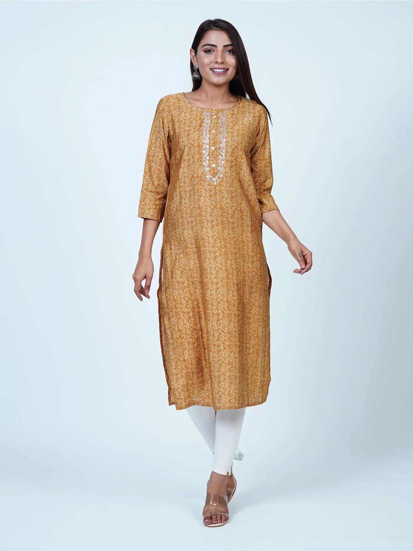 Mustard Embroidered Straight Muslin Kurti