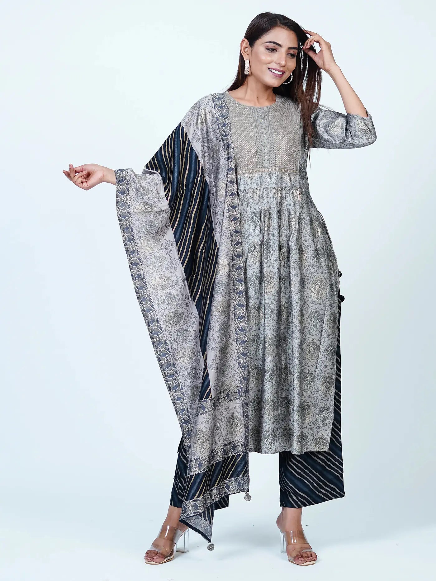 Grey Embroidered Nyra Floral Cotton Suit