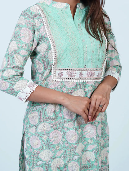 Green Floral Cotton Pathani Kurta Set with Afghani Salwar