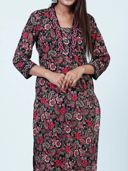 Black Floral Cotton Kurta Set