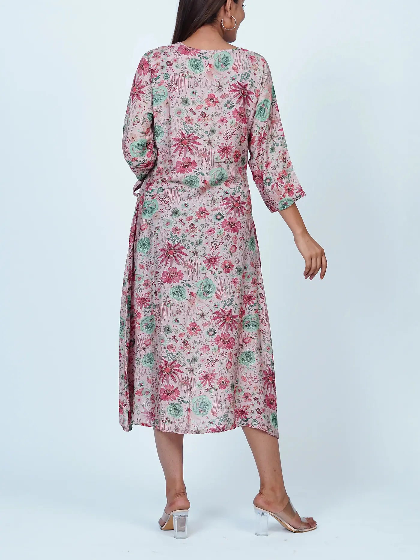 Pink Floral Midi Muslin Dress with Belt