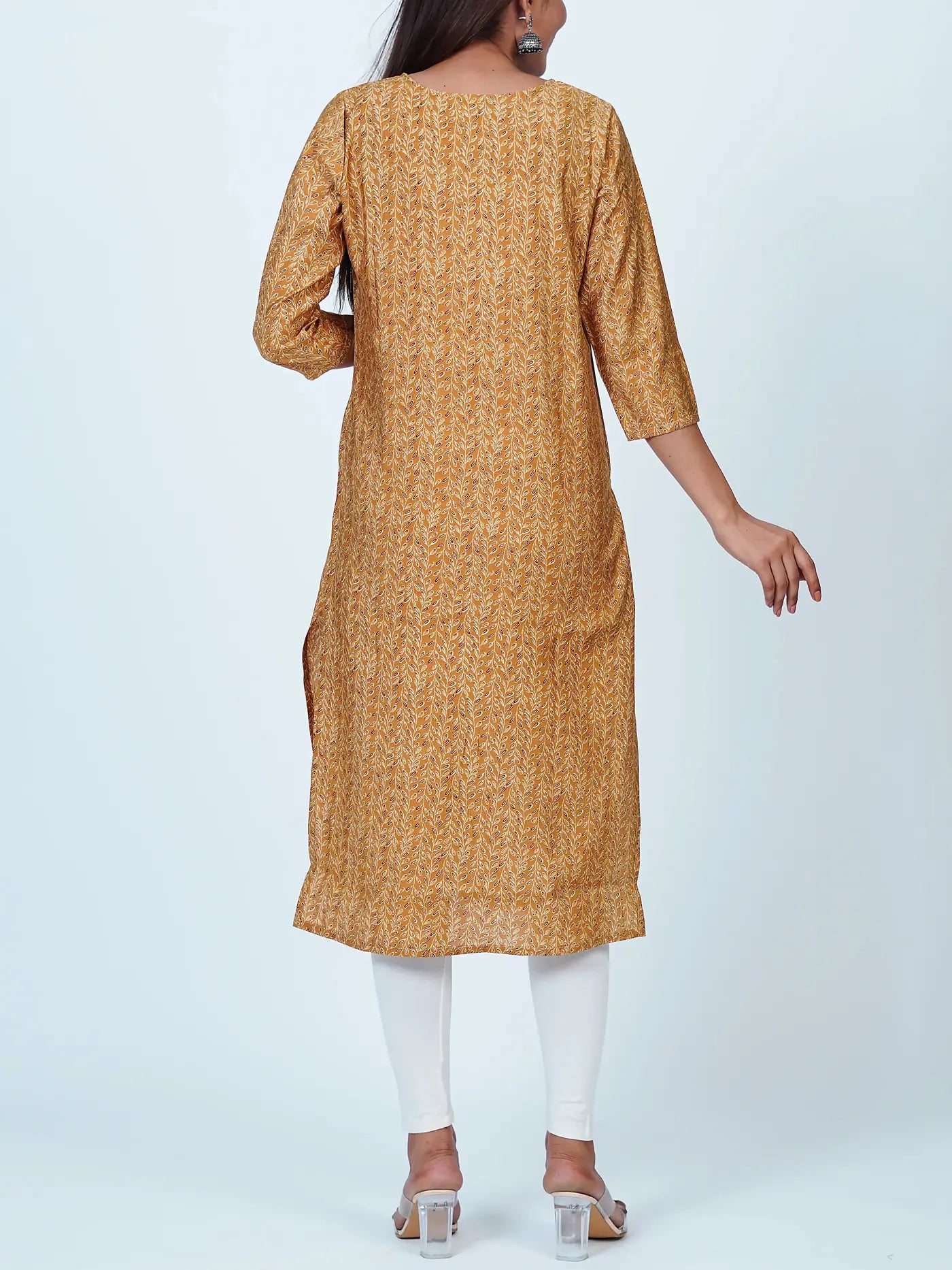 Mustard Embroidered Straight Muslin Kurti