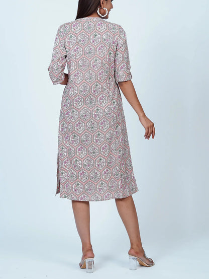 Pink Floral Print Cotton Midi Dress