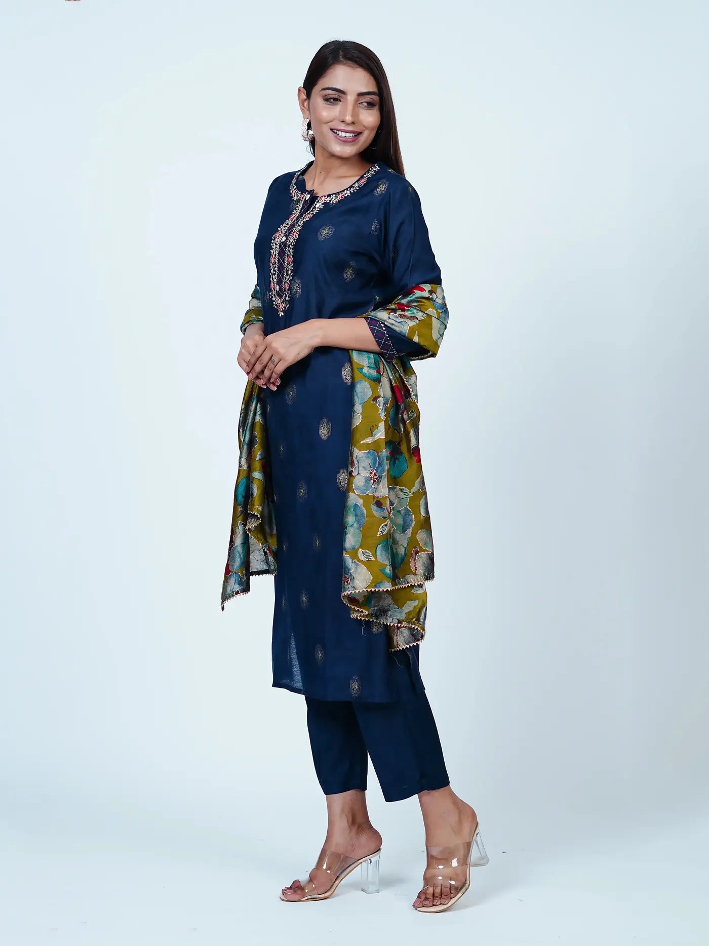 Blue Self design Pittan Muslin Suit