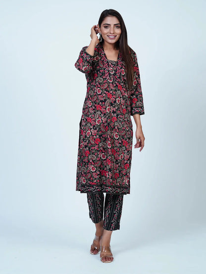 Black Floral Cotton Kurta Set