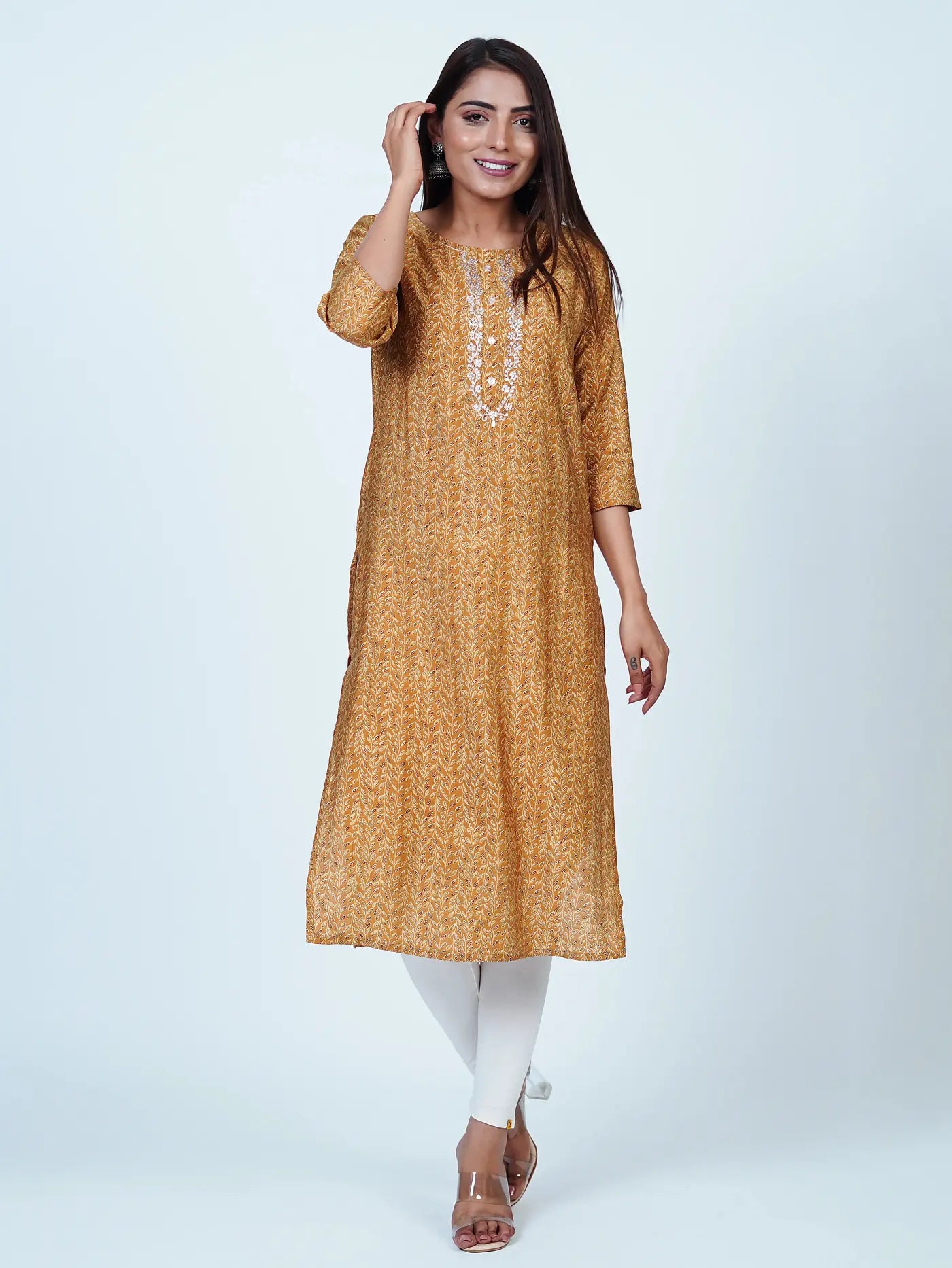 Mustard Embroidered Straight Muslin Kurti