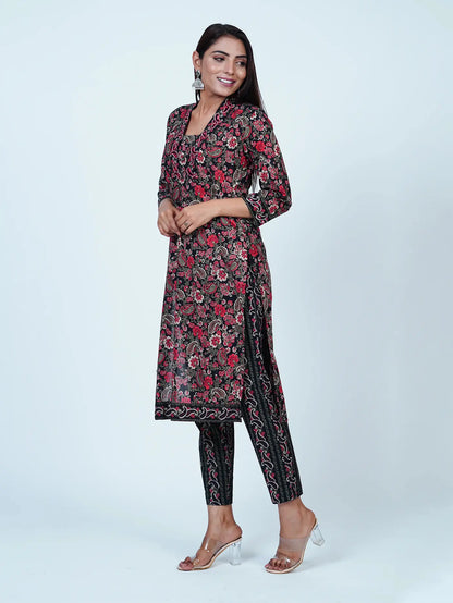 Black Floral Cotton Kurta Set