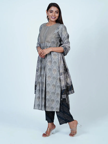 Grey Embroidered Nyra Floral Cotton Suit