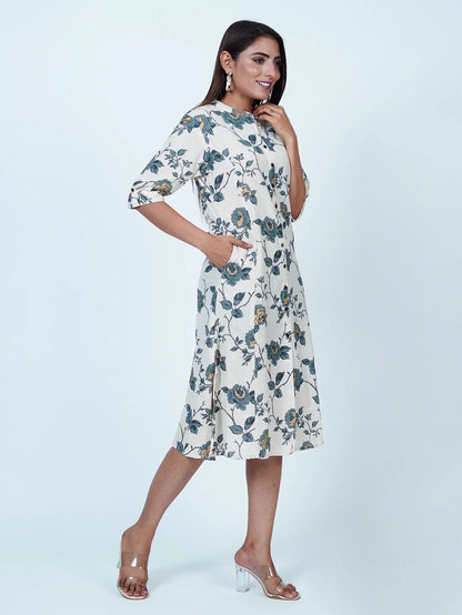 White Floral Cotton Midi Dress