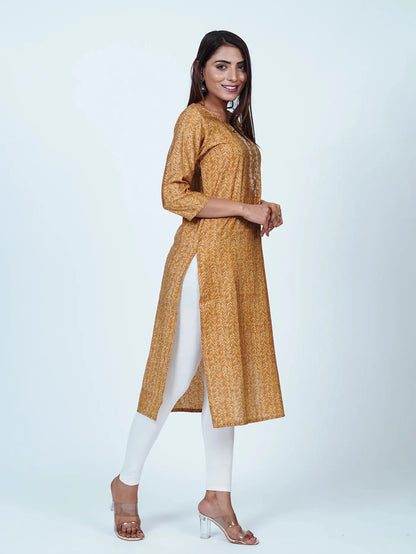 Mustard Embroidered Straight Muslin Kurti