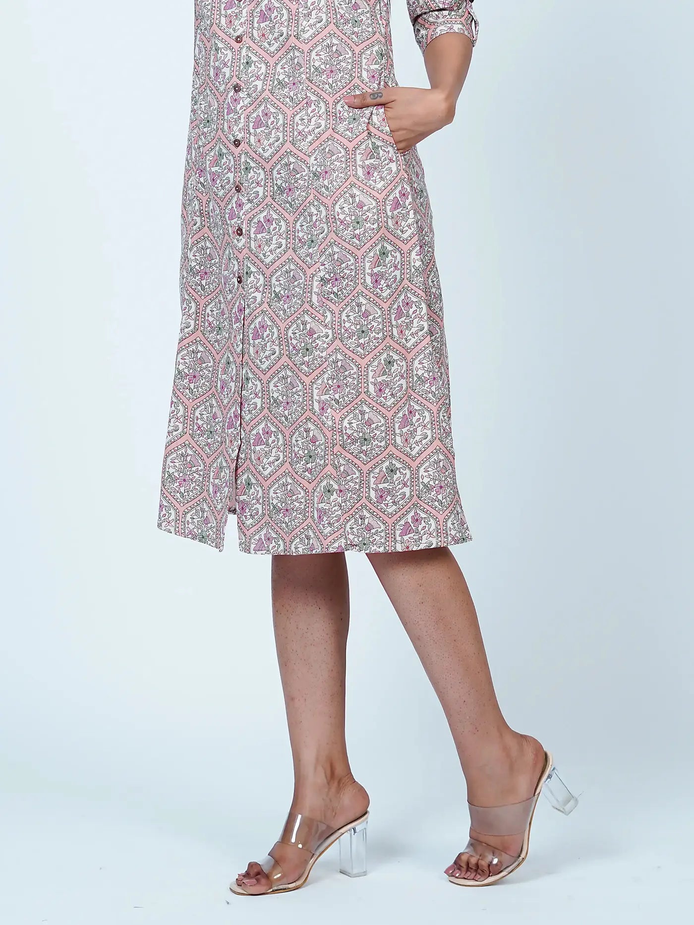 Pink Floral Print Cotton Midi Dress