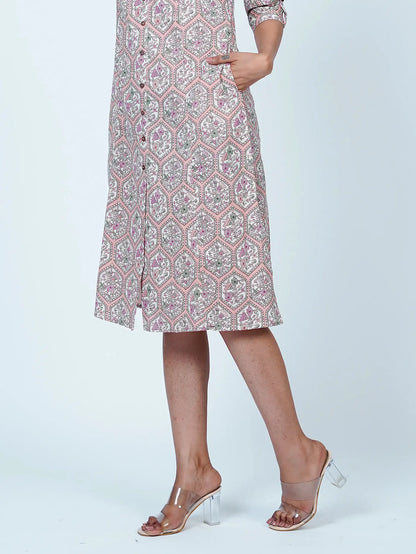 Pink Floral Print Cotton Midi Dress