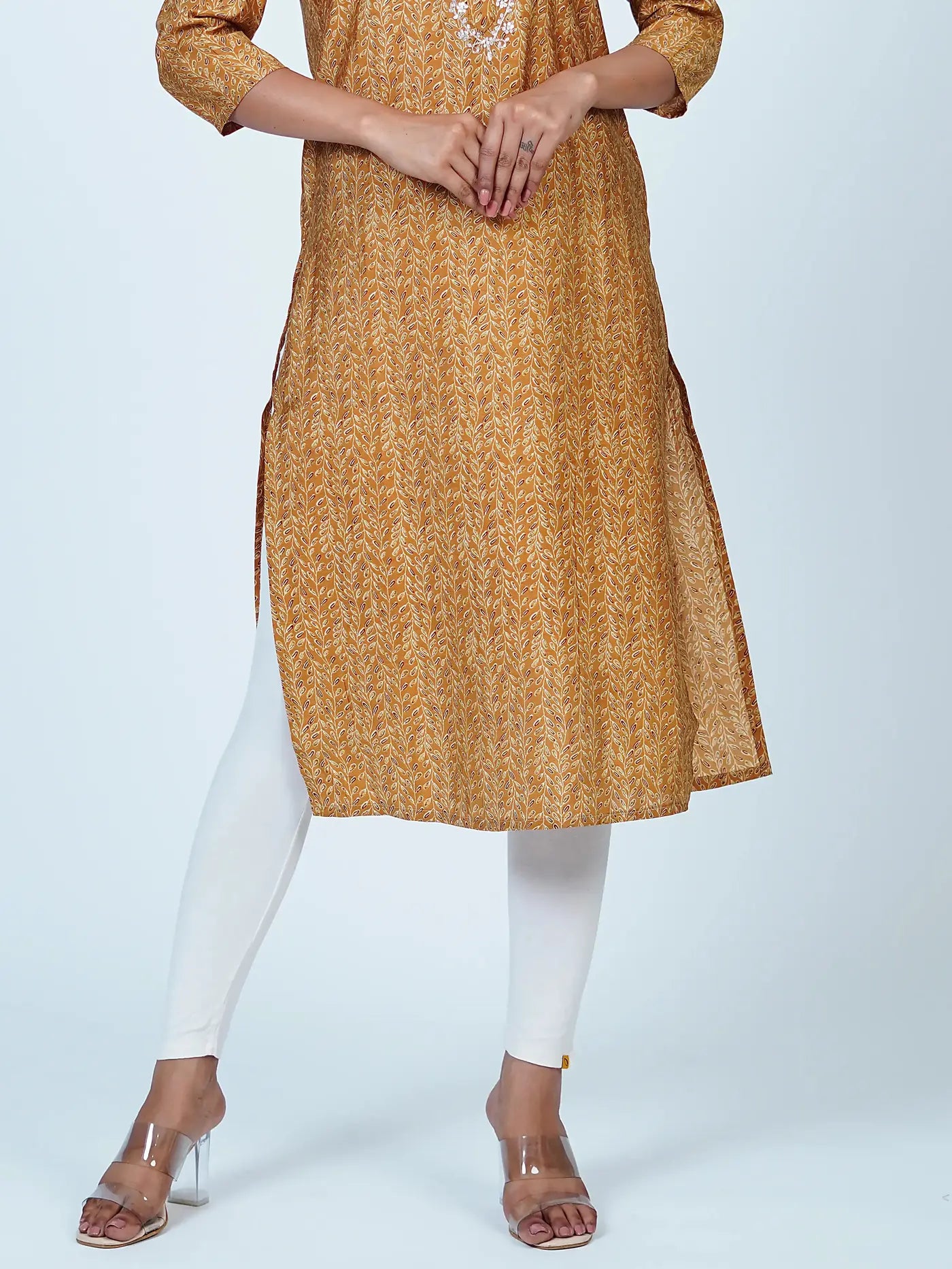 Mustard Embroidered Straight Muslin Kurti