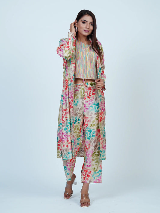 Multi-Color Muslin Floral Print Coord Set with Coat