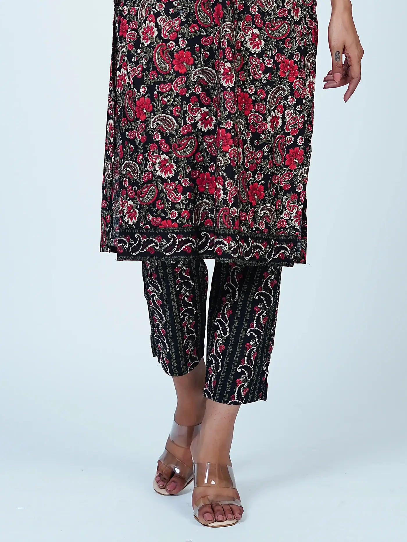 Black Floral Cotton Kurta Set