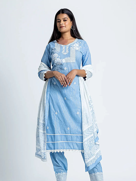 Blue Embroidered Straight Cotton Suit