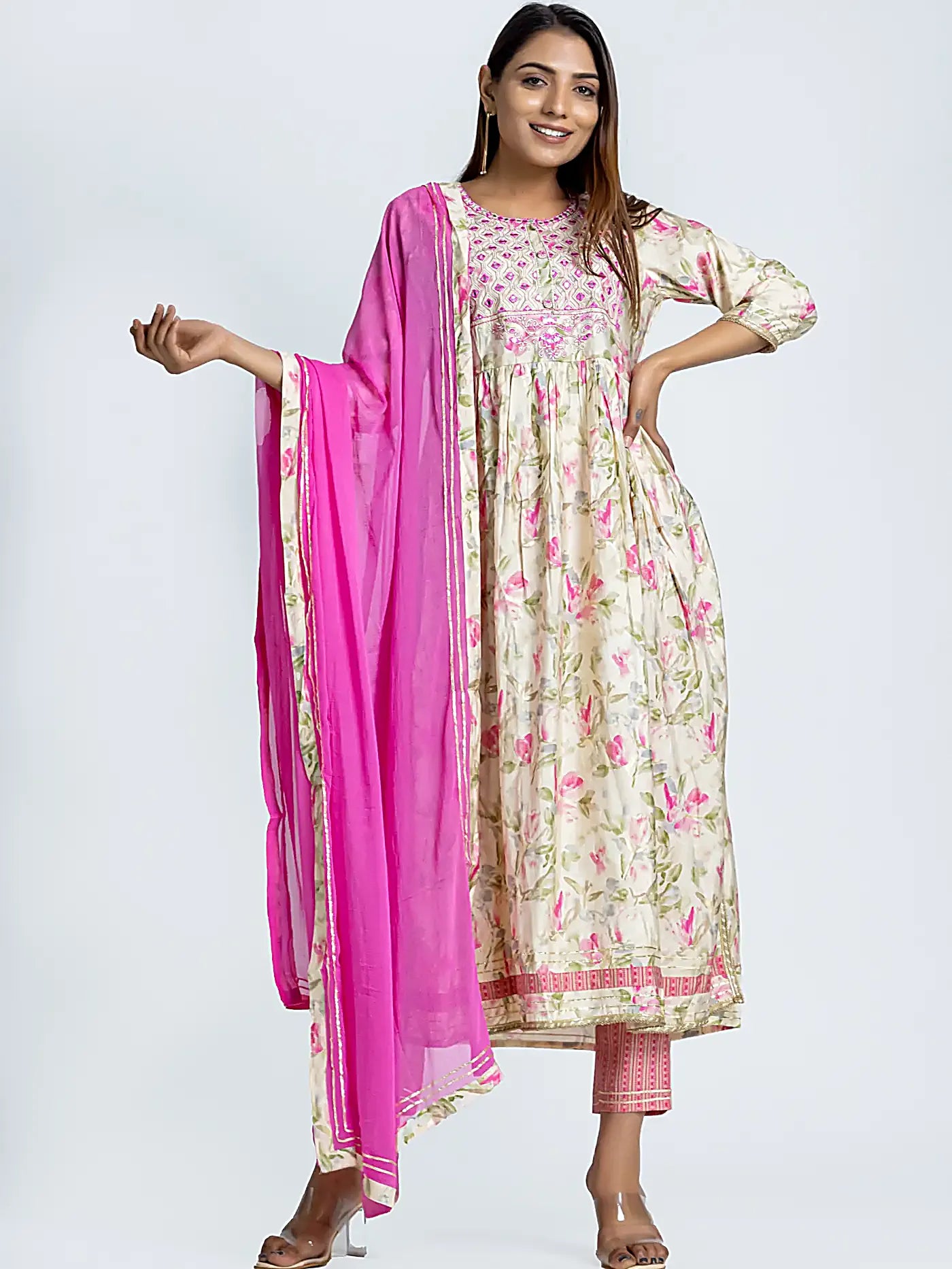 Pink Embroidered Nyra Style Floral Muslin Suit