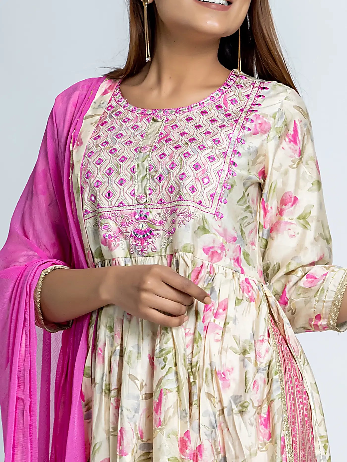 Pink Embroidered Nyra Style Floral Muslin Suit