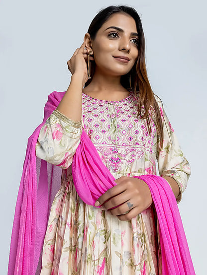 Pink Embroidered Nyra Style Floral Muslin Suit