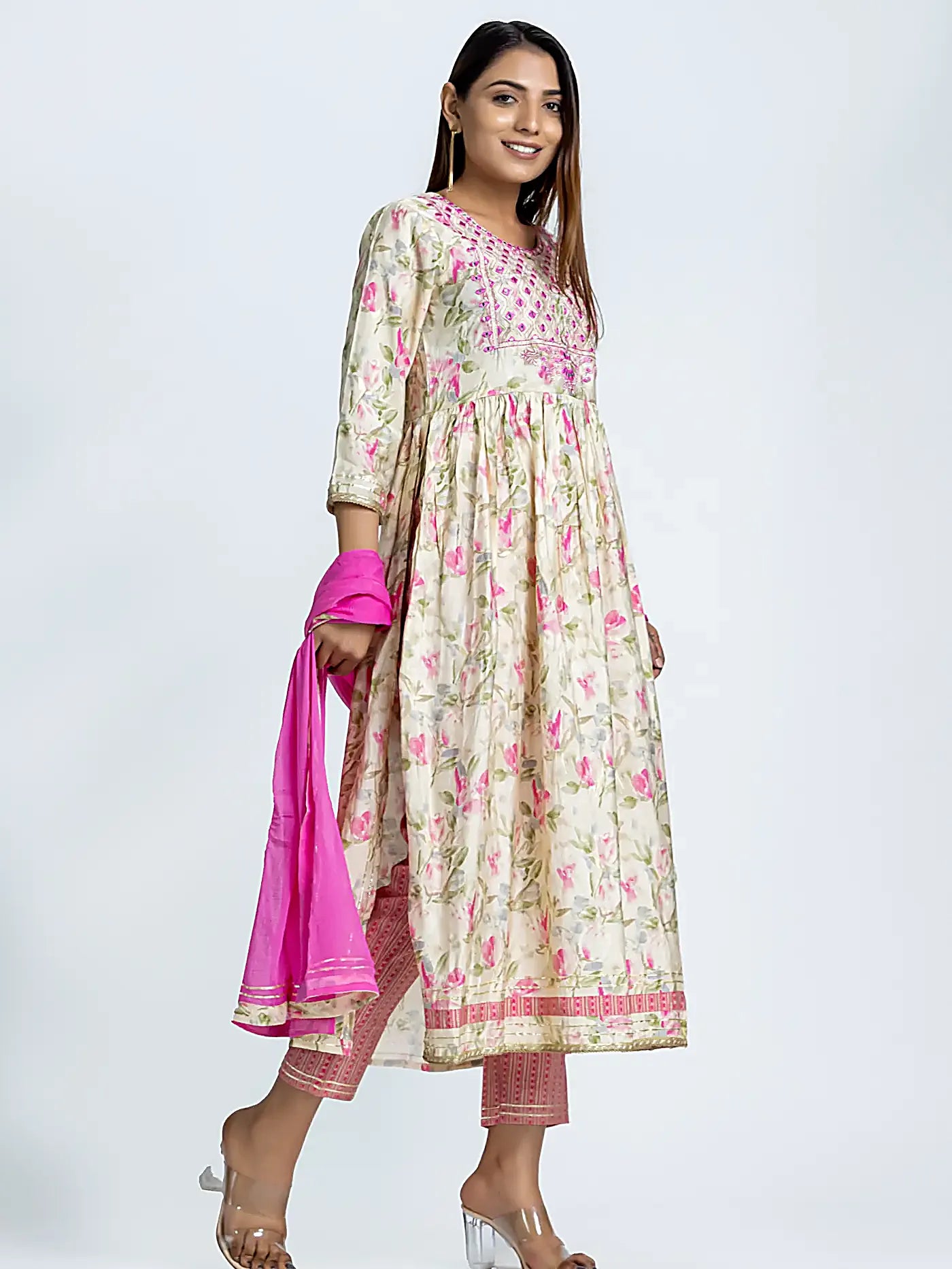 Pink Embroidered Nyra Style Floral Muslin Suit