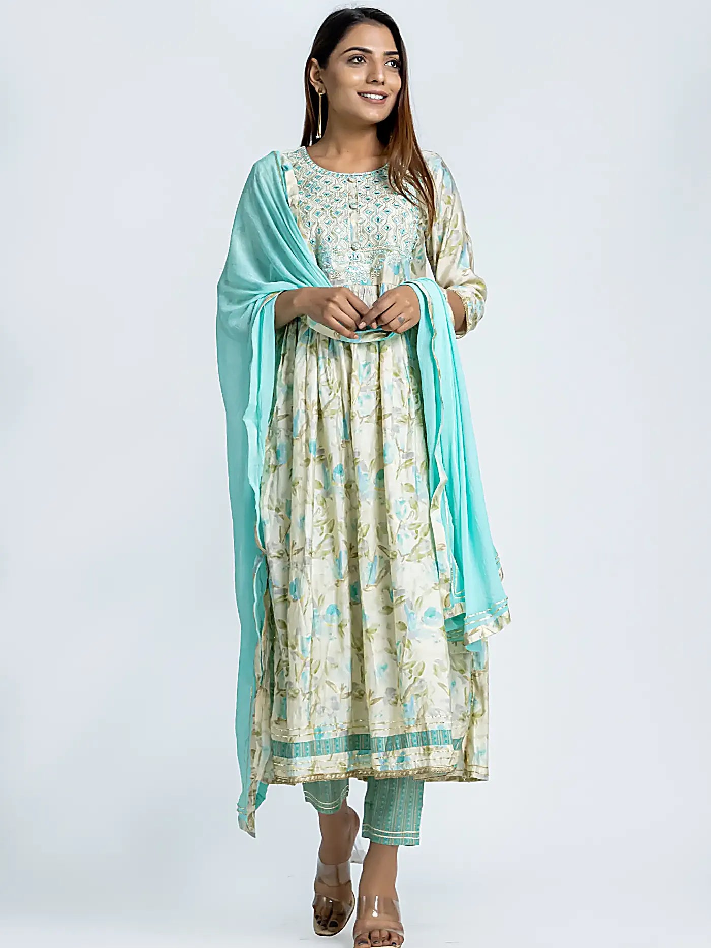 Blue Embroidered Nyra Style Floral Muslin Suit