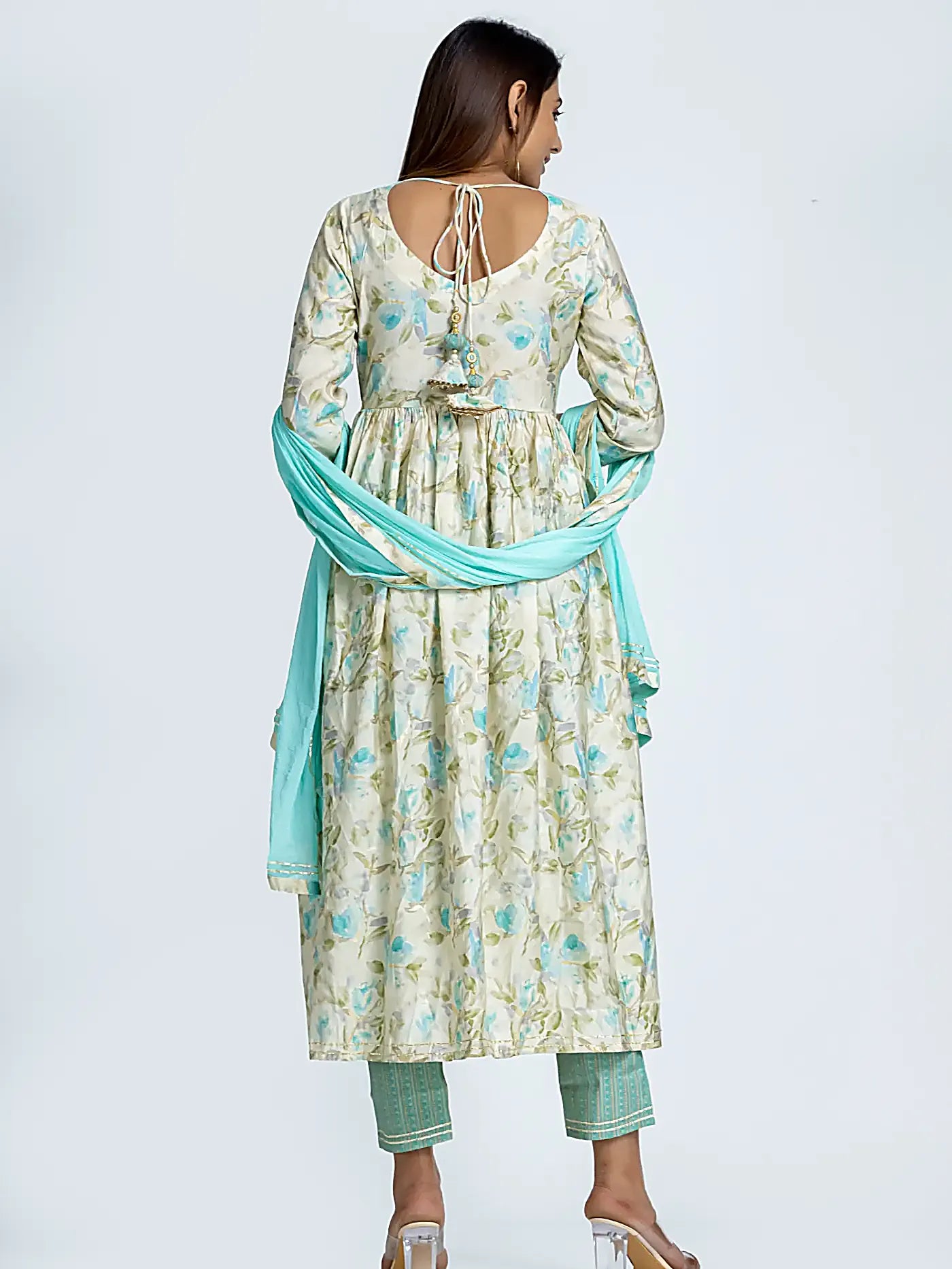 Blue Embroidered Nyra Style Floral Muslin Suit