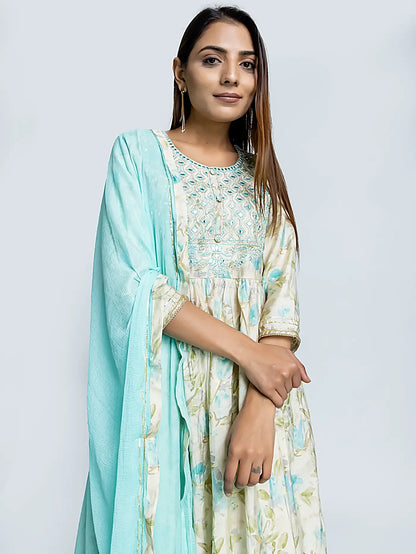 Blue Embroidered Nyra Style Floral Muslin Suit