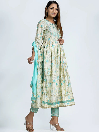 Blue Embroidered Nyra Style Floral Muslin Suit