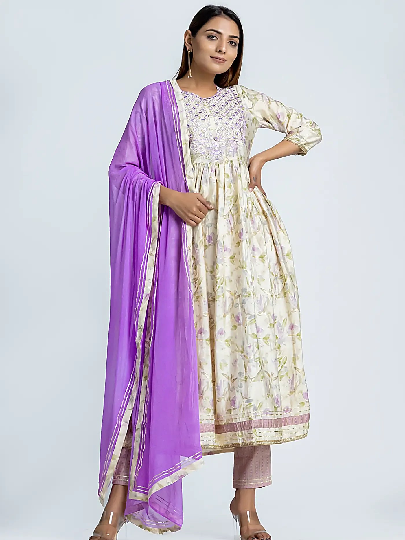 Purple Embroidered Nyra Style Floral Muslin Suit