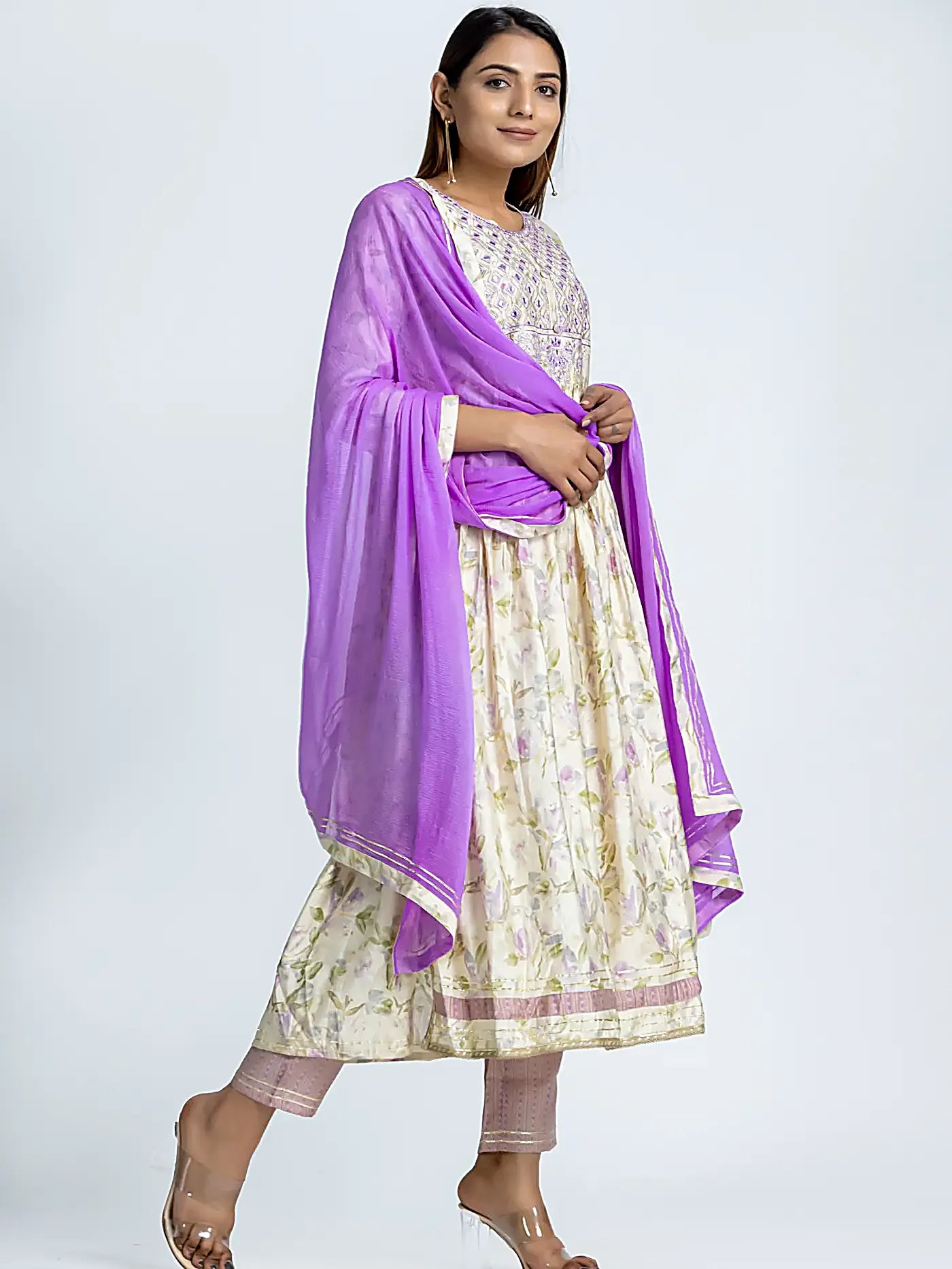 Purple Embroidered Nyra Style Floral Muslin Suit