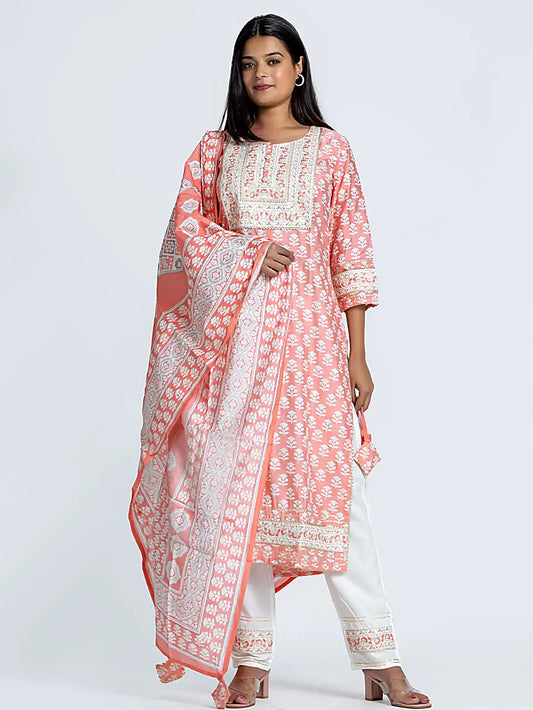 Pink Embroidered Straight Block Print Cotton Suit