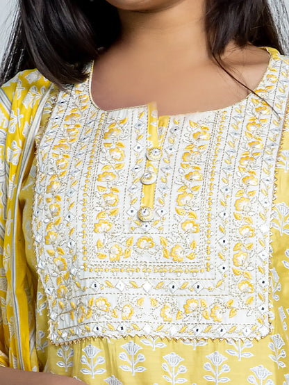 Yellow Embroidered Straight Block Print Cotton Suit