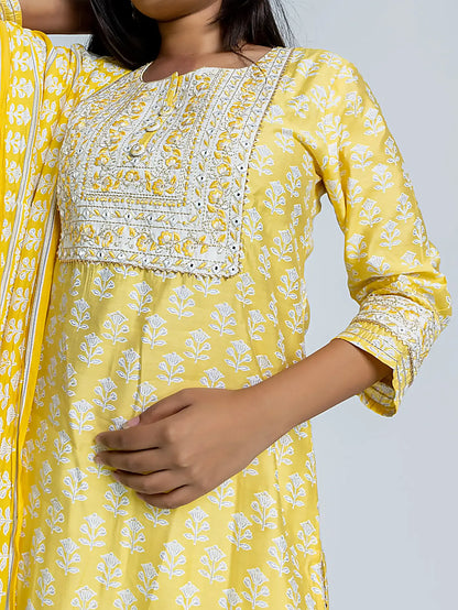 Yellow Embroidered Straight Block Print Cotton Suit