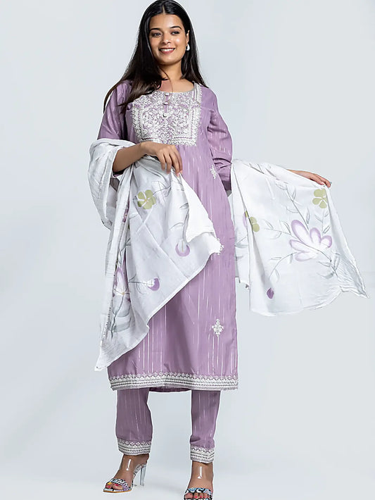 Purple Embroidered Straight Cotton Suit