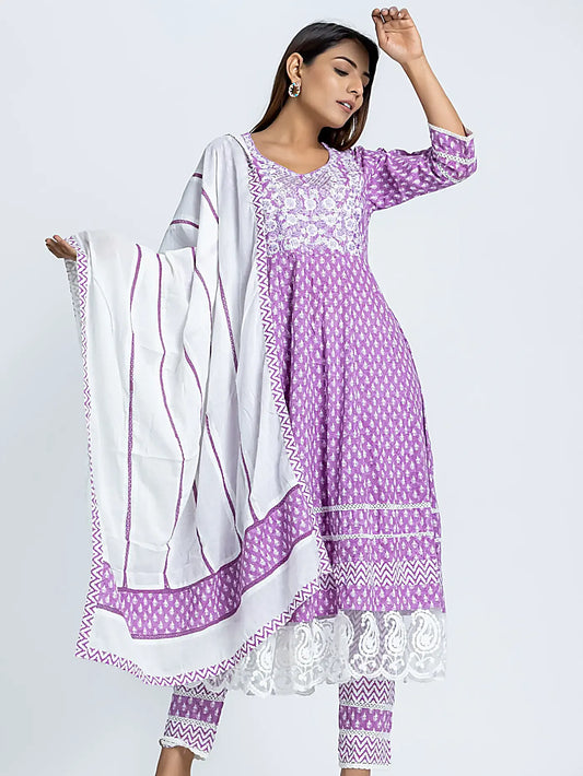 Purple Embroidered A-Line Block Print Cotton Suit